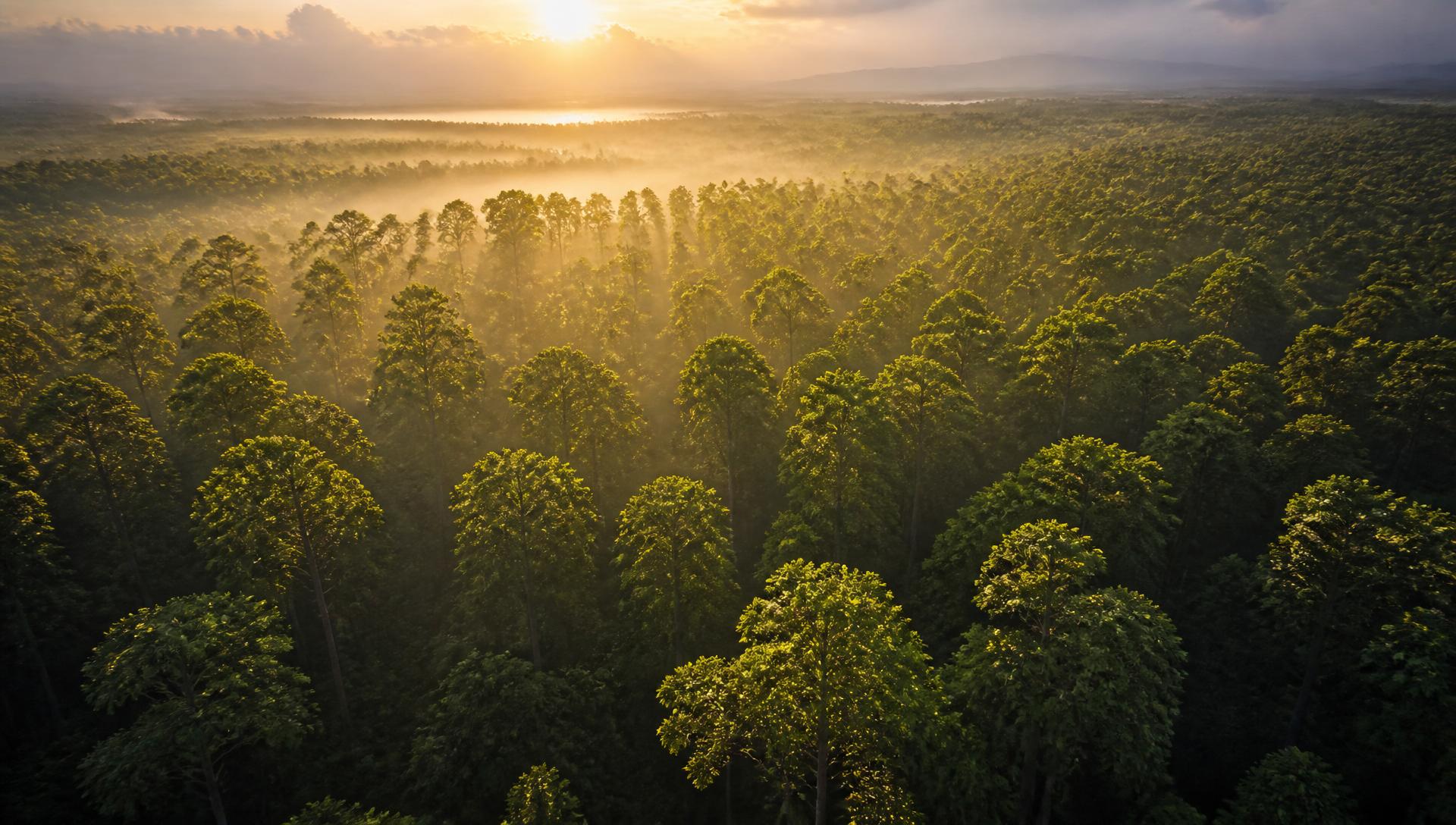 Aerial view of a mature teak plantation at golden hour
