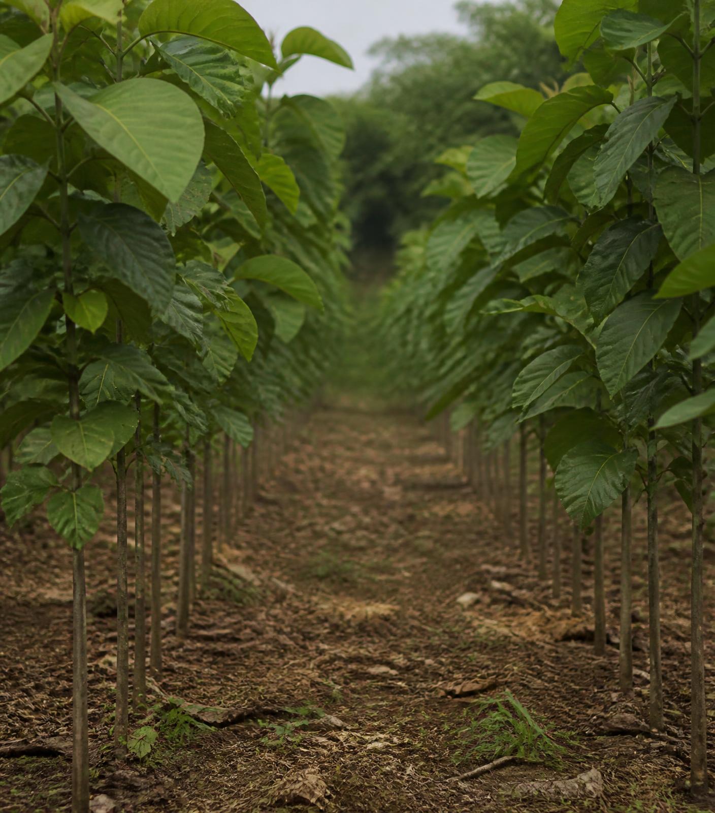 Young teak plantation rows